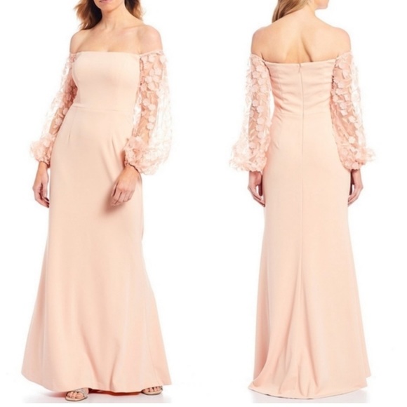 ELIZA J OFF SHOULDER GOWN WITH FLORAL SLEEVES - Picture 1 of 6